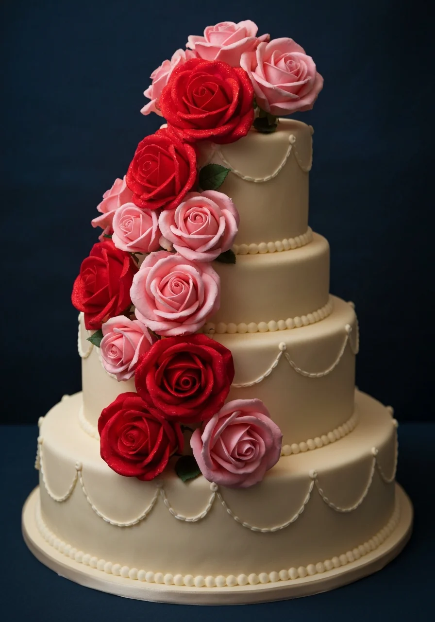 Three-tier white wedding cake with fresh roses