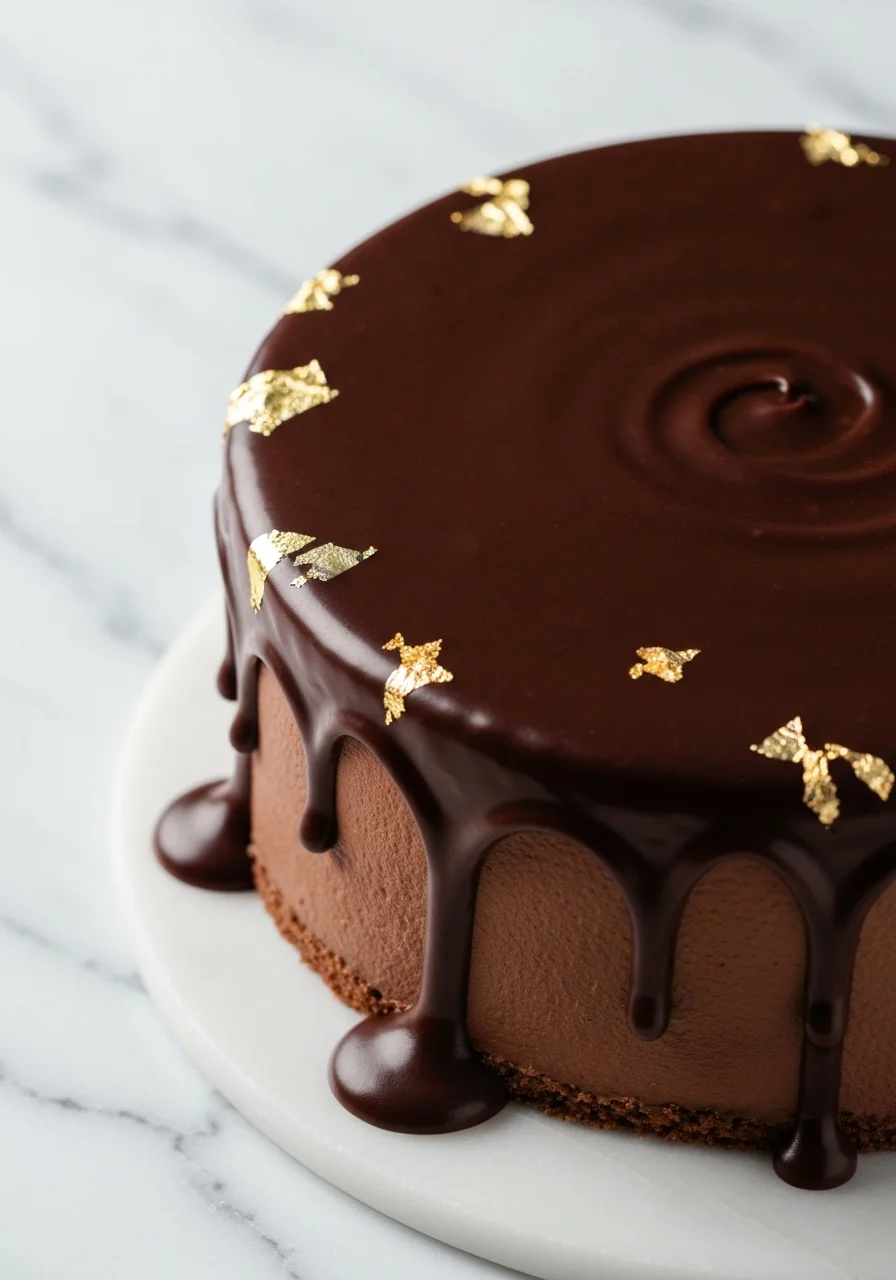 Chocolate truffle cake with ganache drip and gold leaf