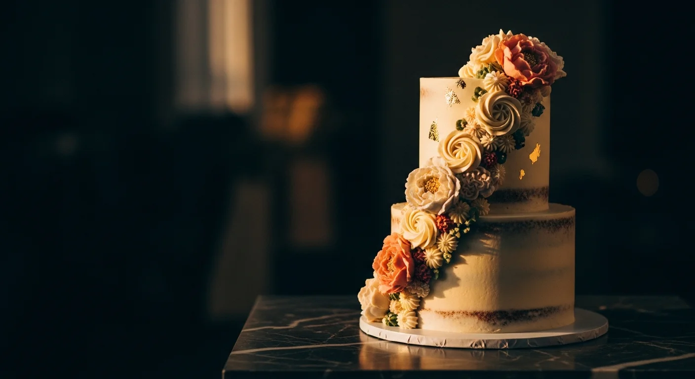 Custom decorated cake on dark marble surface