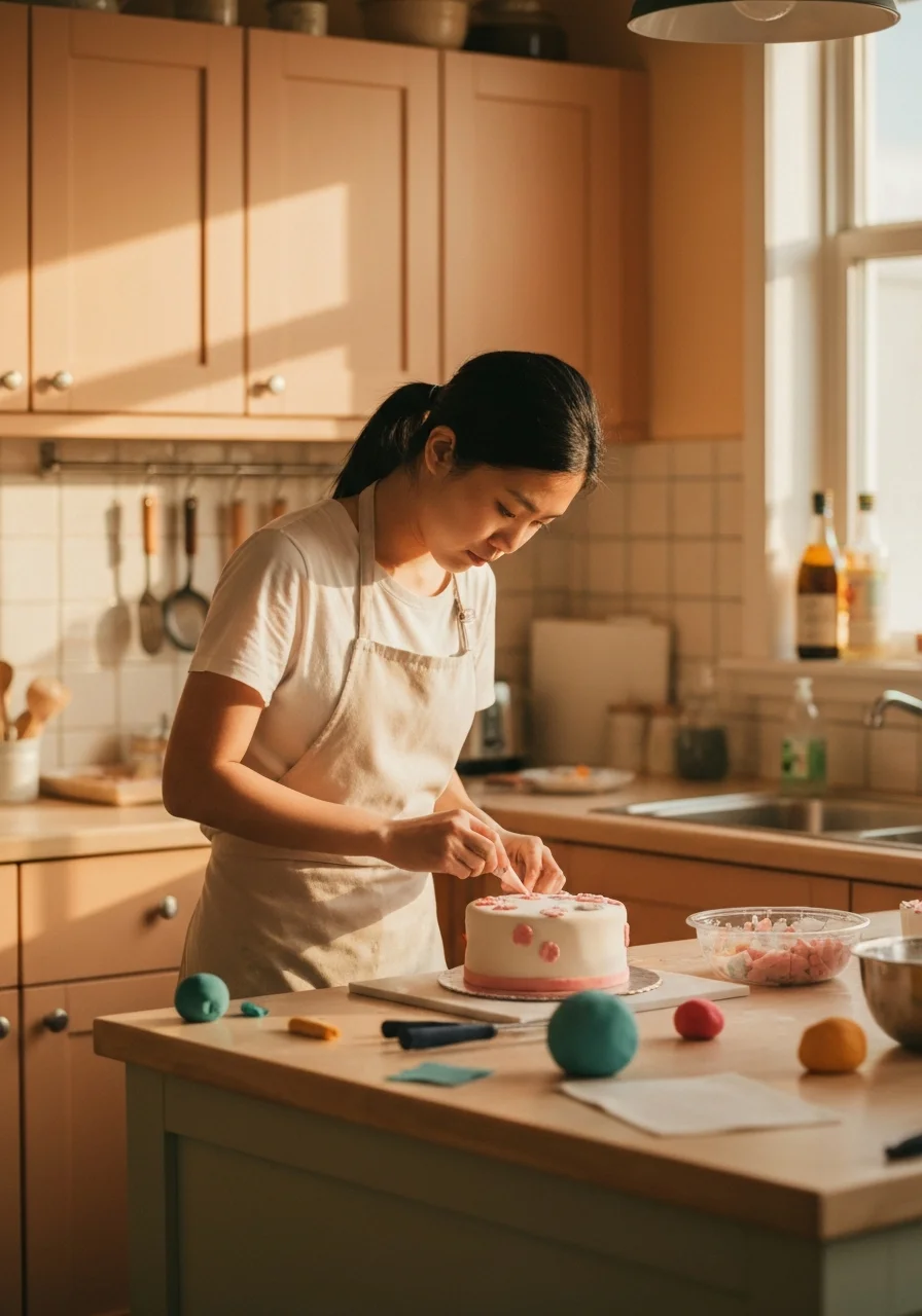 Founder decorating fondant cake in studio