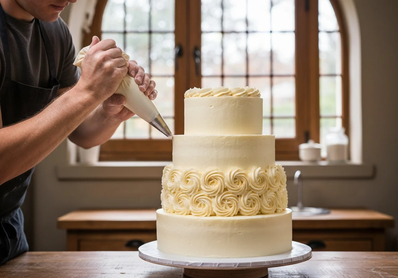 Baker piping buttercream rosettes by hand